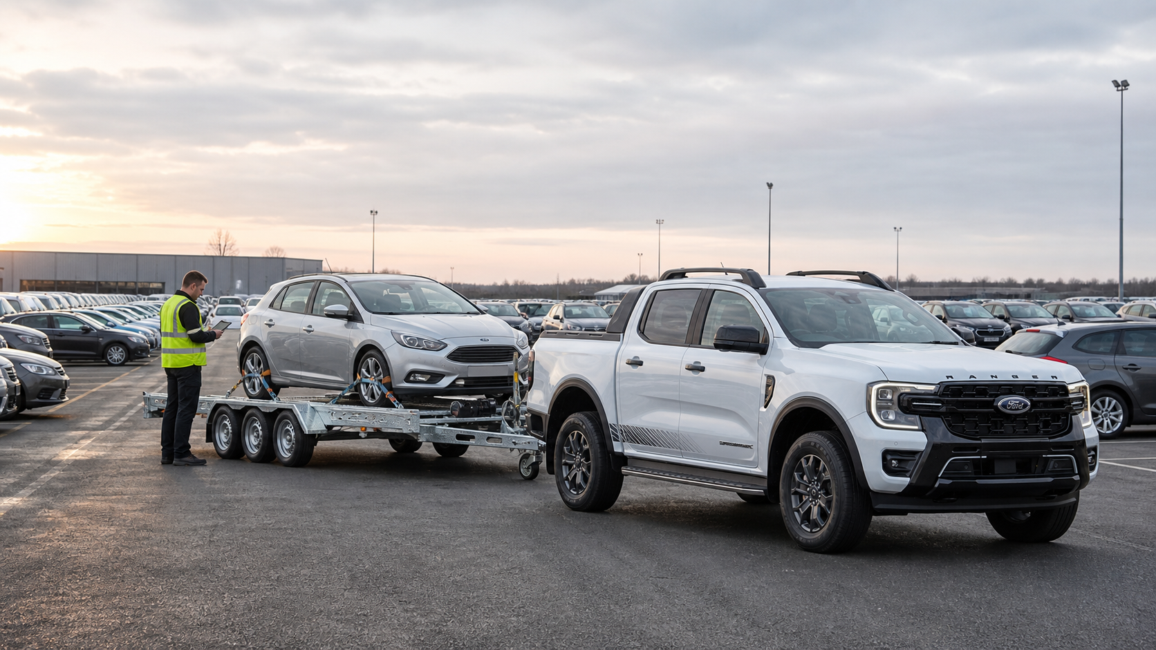 Vehicle secured on transporter