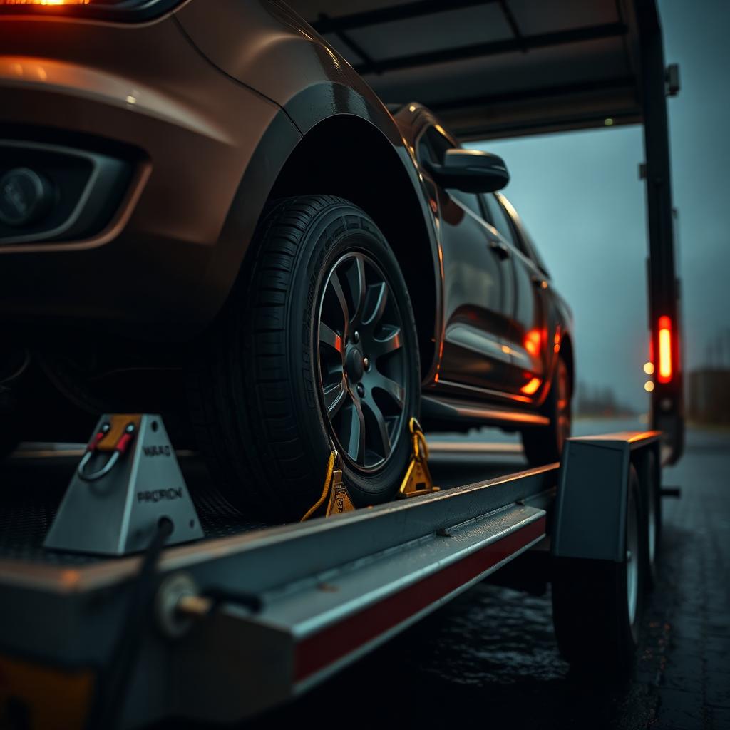 Vehicle secured on transporter